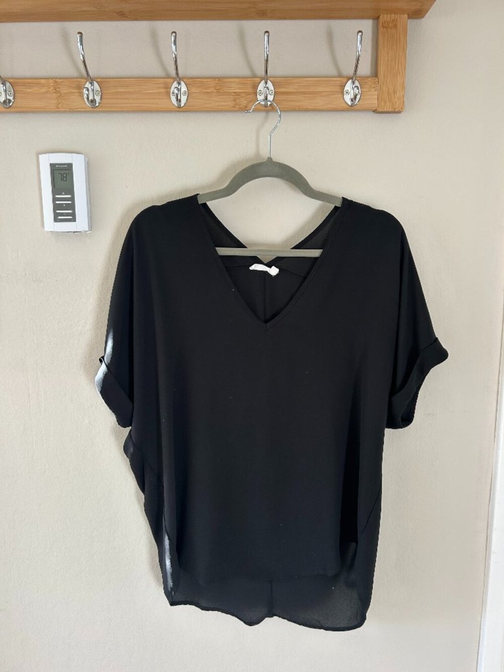 Lush Black Sheer Blouse | Lightweight V-Neck Top | Size S